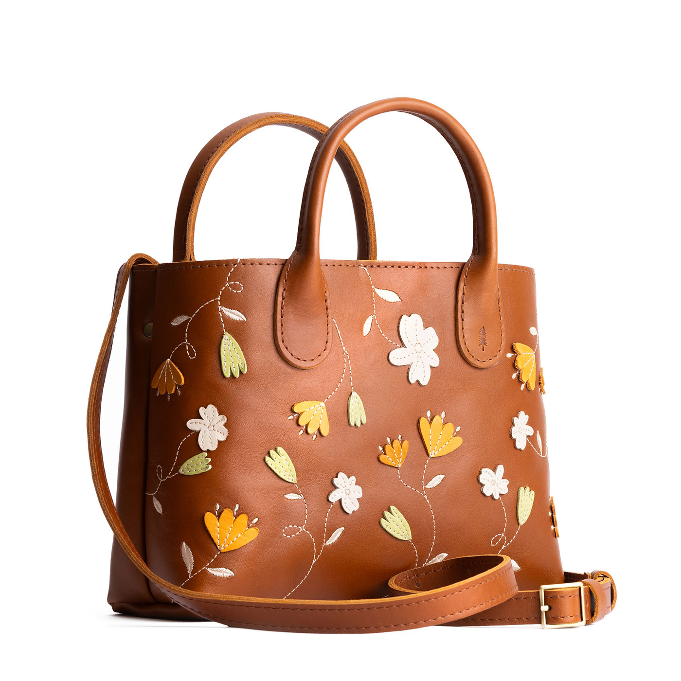 Folklore Honey*Large | Mid-size tote purse with embroidered flower design, structured leather handles, and crossbody strap