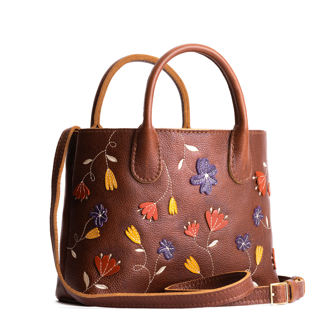 Folklore Nutmeg*Large | Mid-size tote purse with embroidered flower design, structured leather handles, and crossbody strap