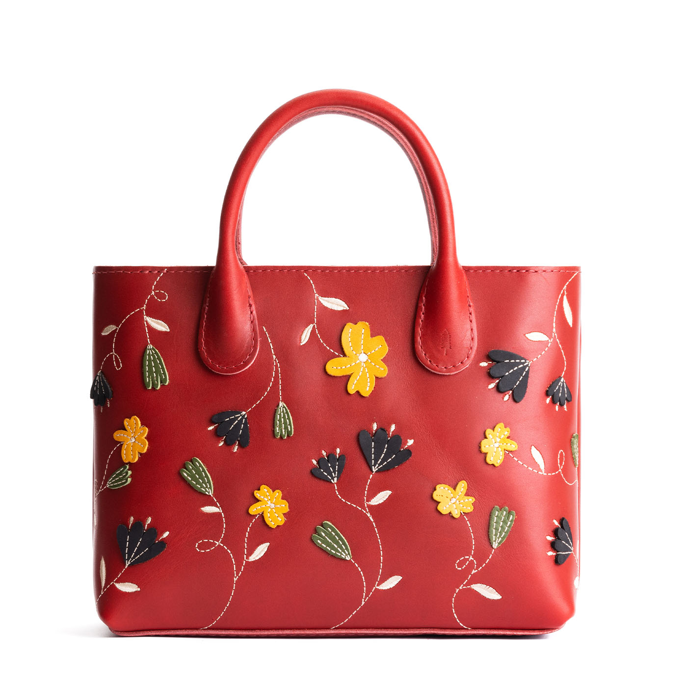 Folklore Ruby*Large | Mid-size tote purse with embroidered flower design, structured leather handles, and crossbody strap