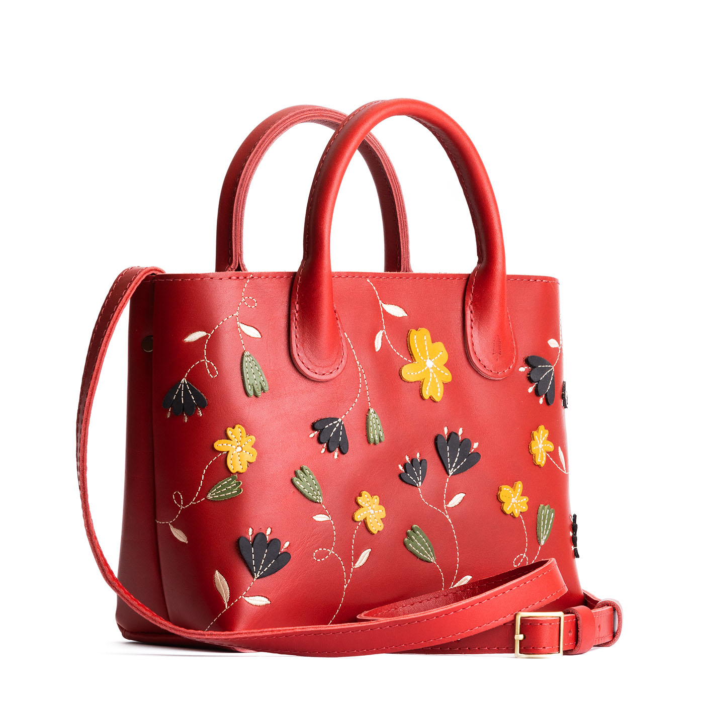 Folklore Ruby*Large | Mid-size tote purse with embroidered flower design, structured leather handles, and crossbody strap