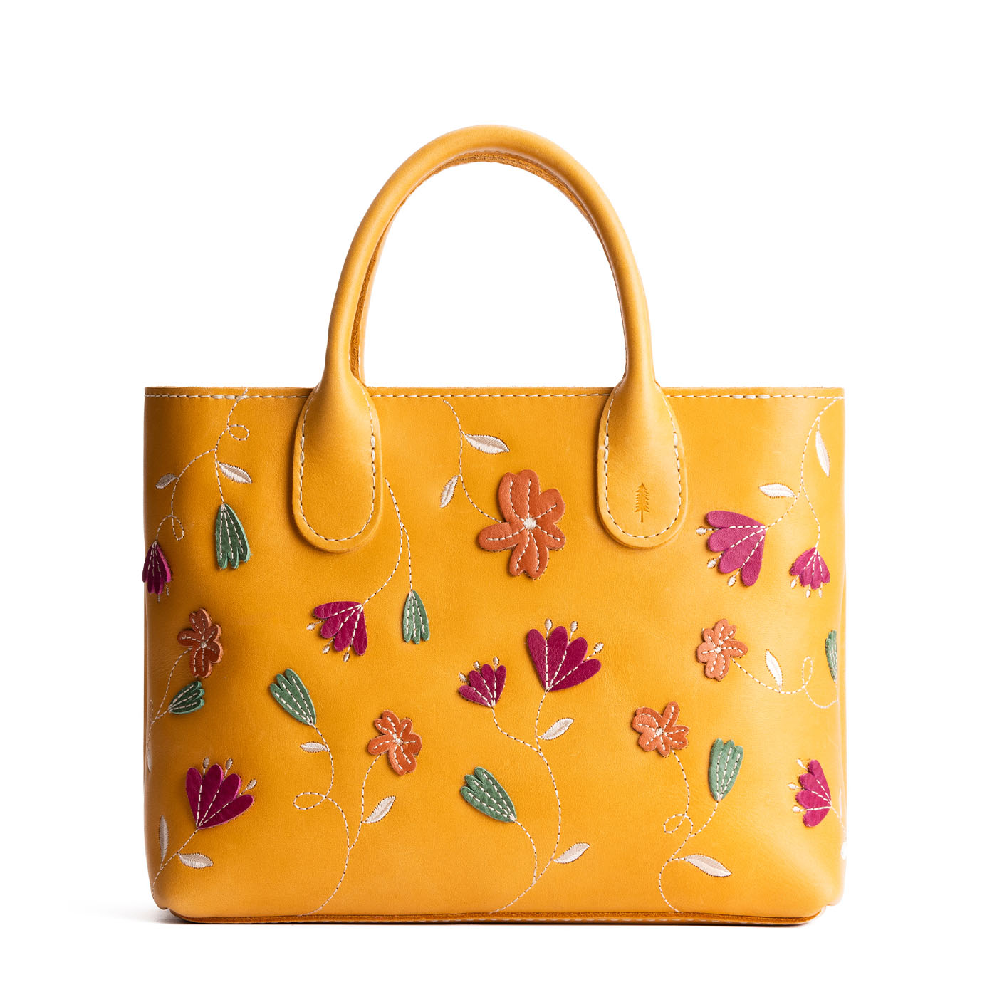 Folklore Sunflower*Large | Mid-size tote purse with embroidered flower design, structured leather handles, and crossbody strap