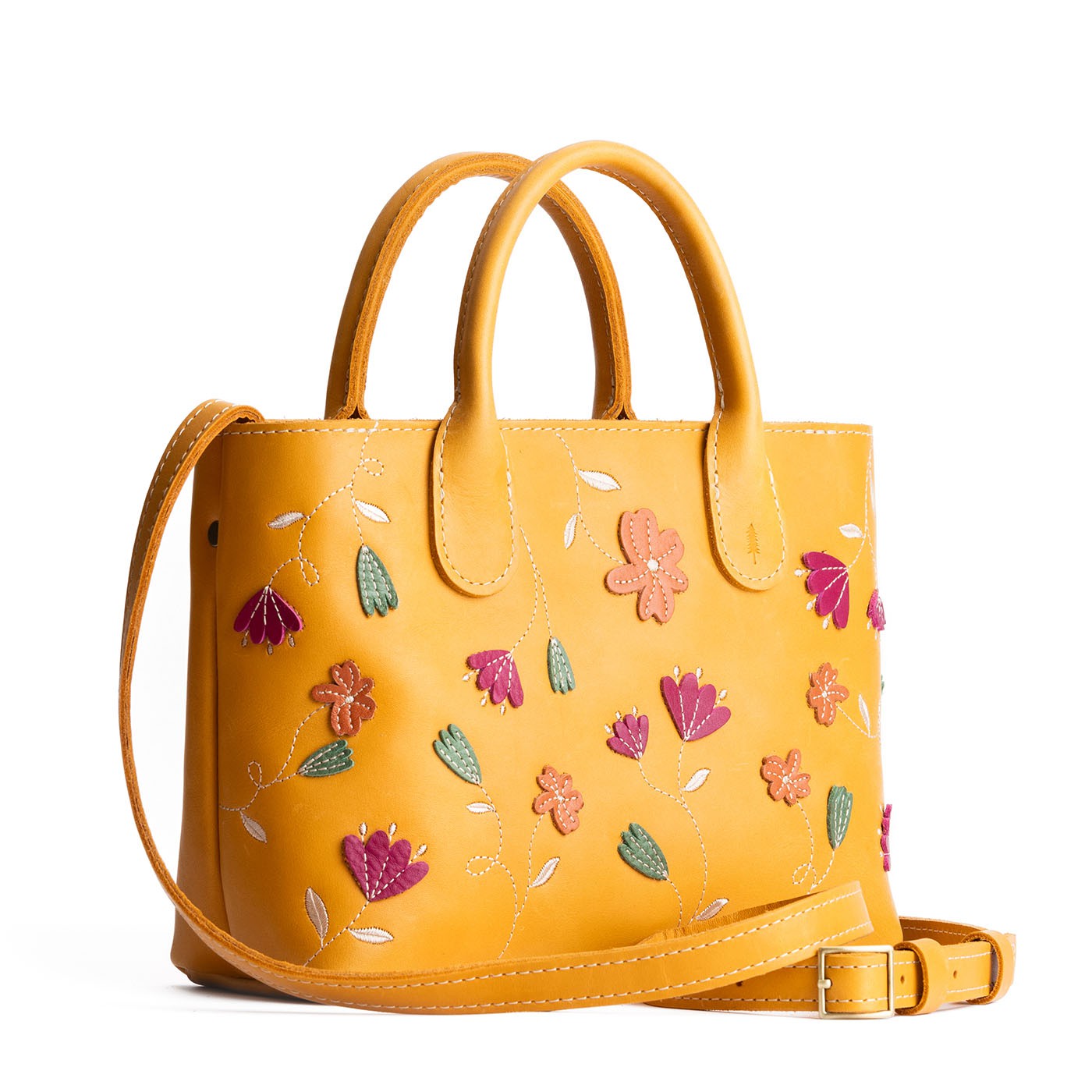 Folklore Sunflower*Large | Mid-size tote purse with embroidered flower design, structured leather handles, and crossbody strap