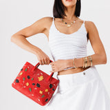 Folklore Ruby Large | Mid-size tote purse with embroidered flower design, structured leather handles, and crossbody strap