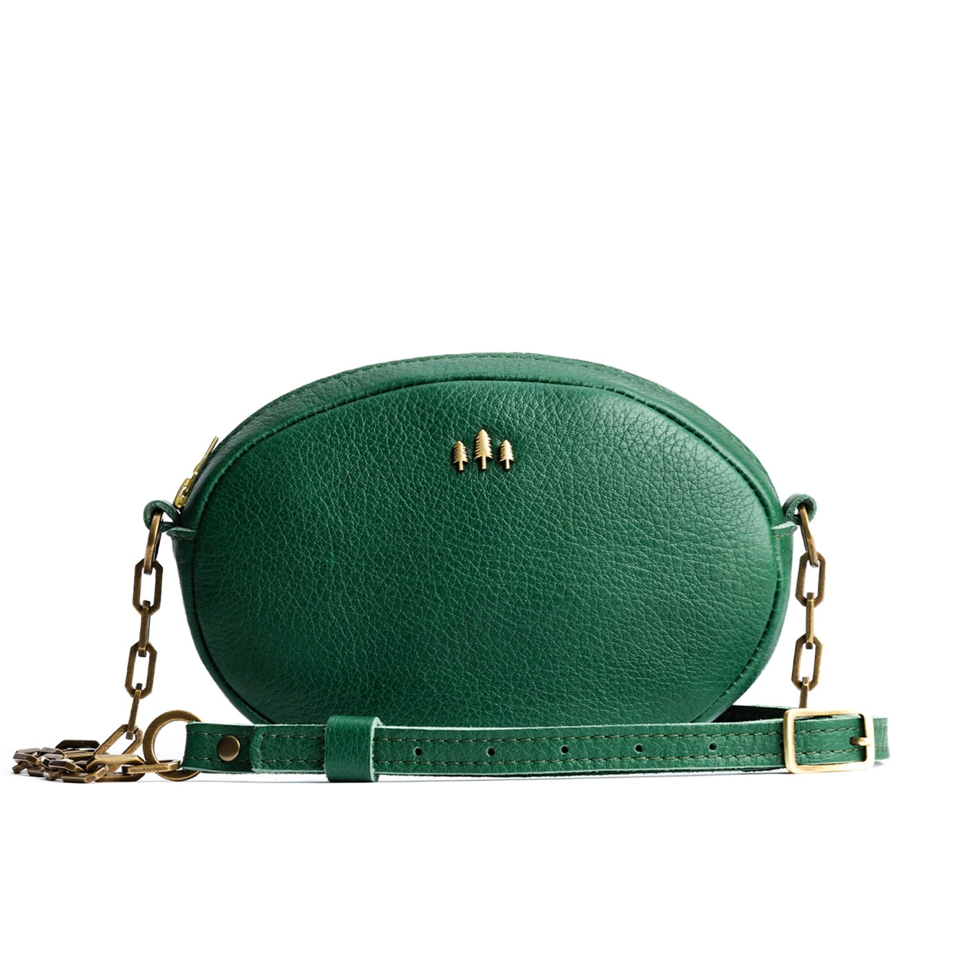 Bacalar | Oval leather purse with metal crossbody chain strap and adjustable leather shoulder guard