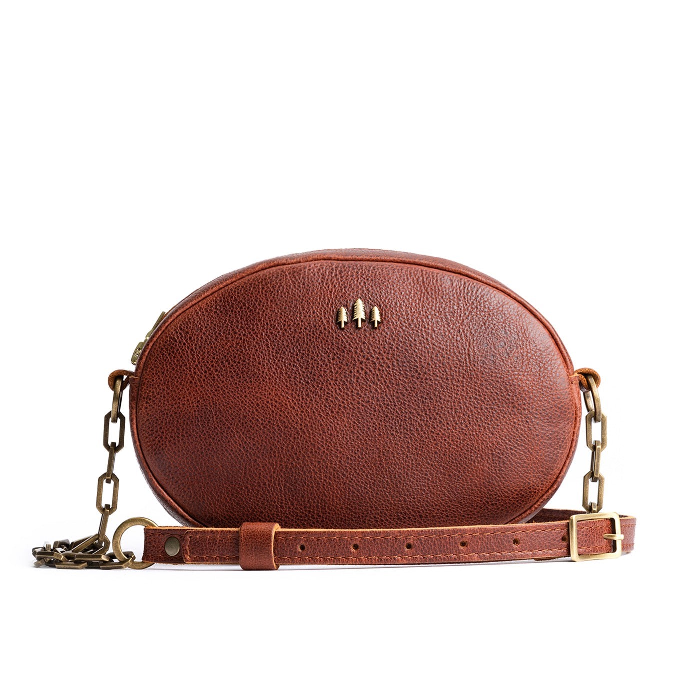 Nutmeg | Oval leather purse with metal crossbody chain strap and adjustable leather shoulder guard