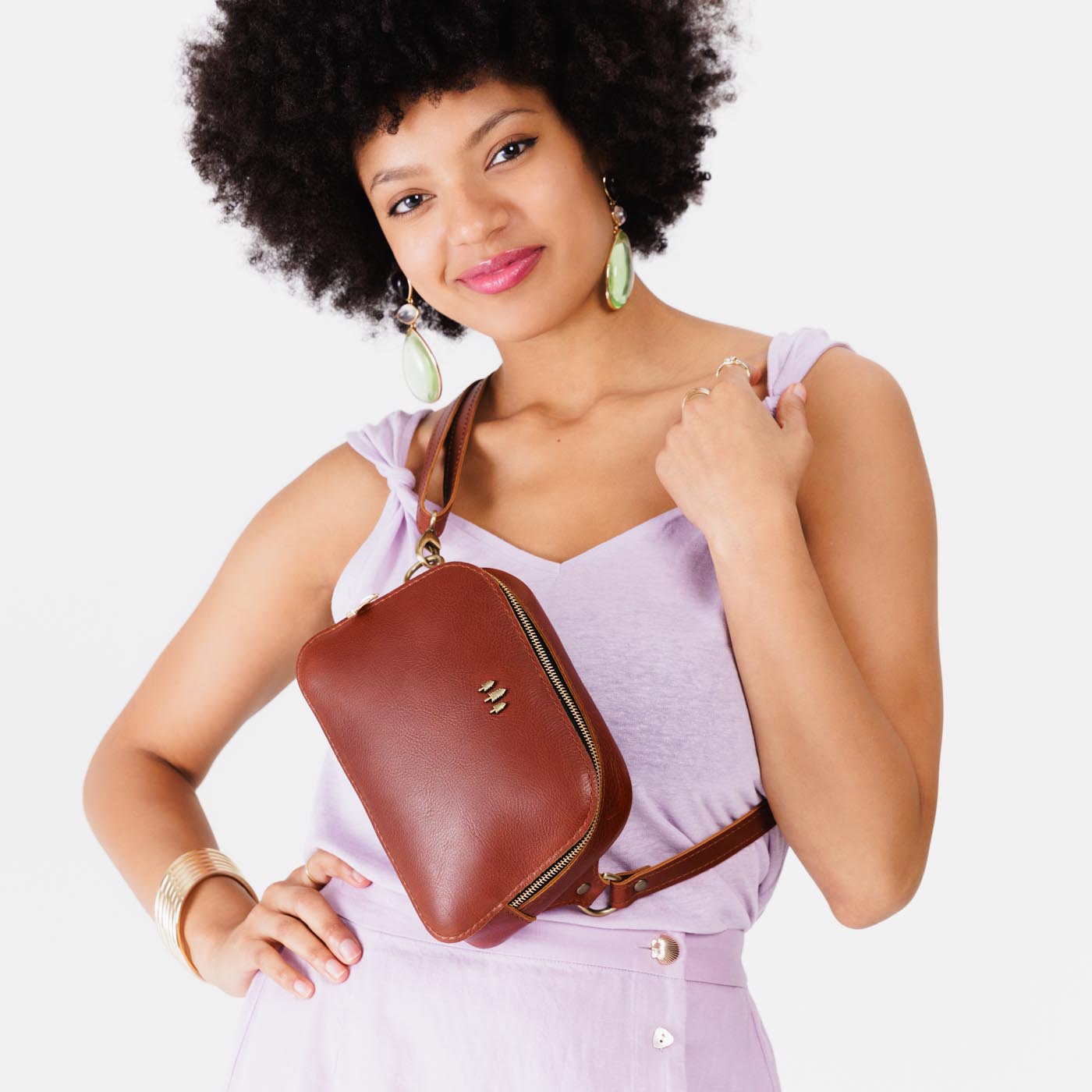 Chestnut | Model wearing sling bag