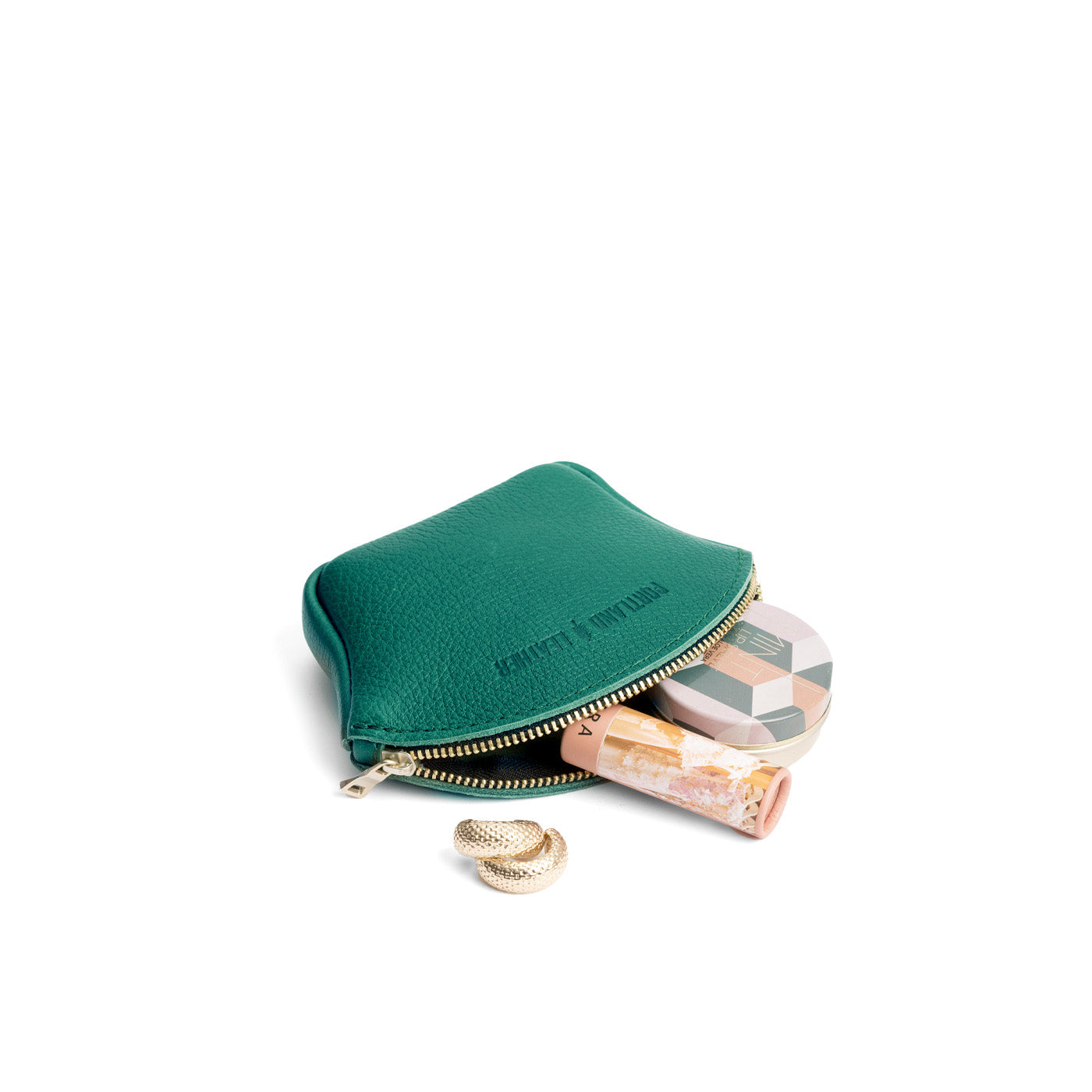 Bacalar*Small | Seashell shaped leather makeup bag with curved top zipper open and flat bottom