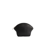 Pebbled--black Small | Seashell shaped leather makeup bag with curved top zipper and flat bottom