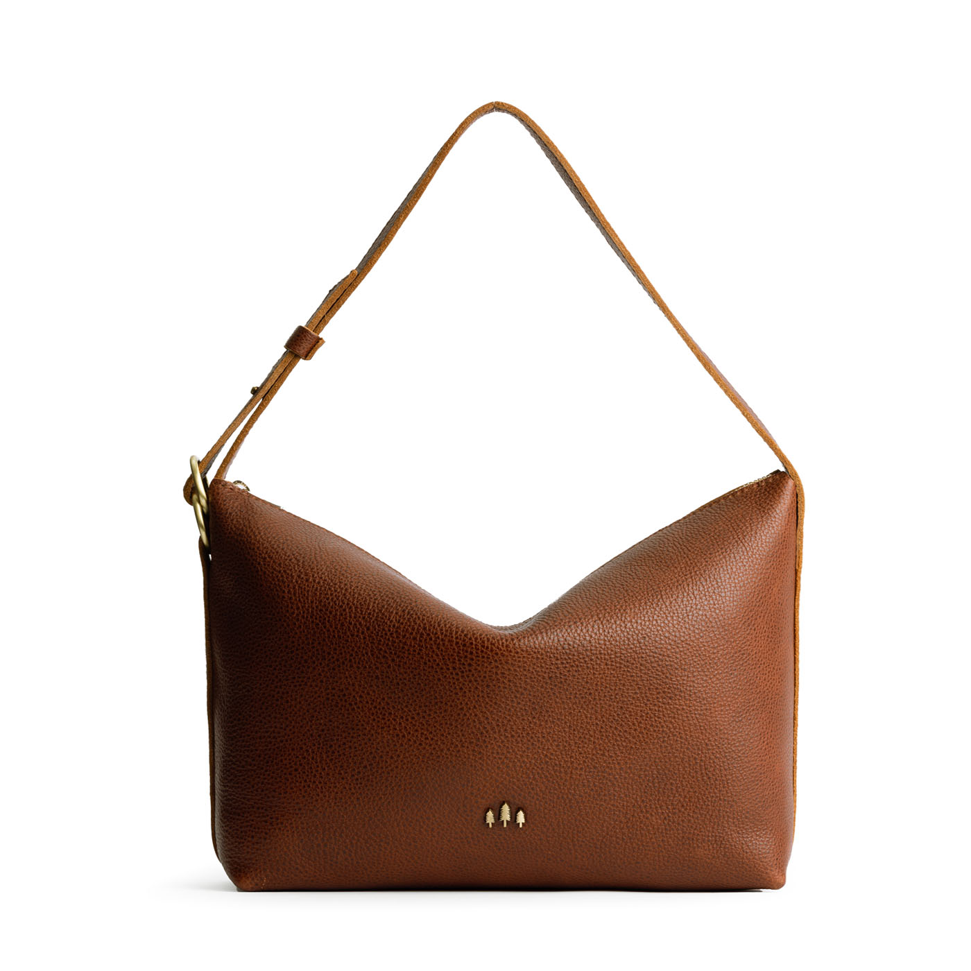 Nutmeg*Large | Medium sized slouchy leather shoulder bag with zipper opening and three metal tree emblems