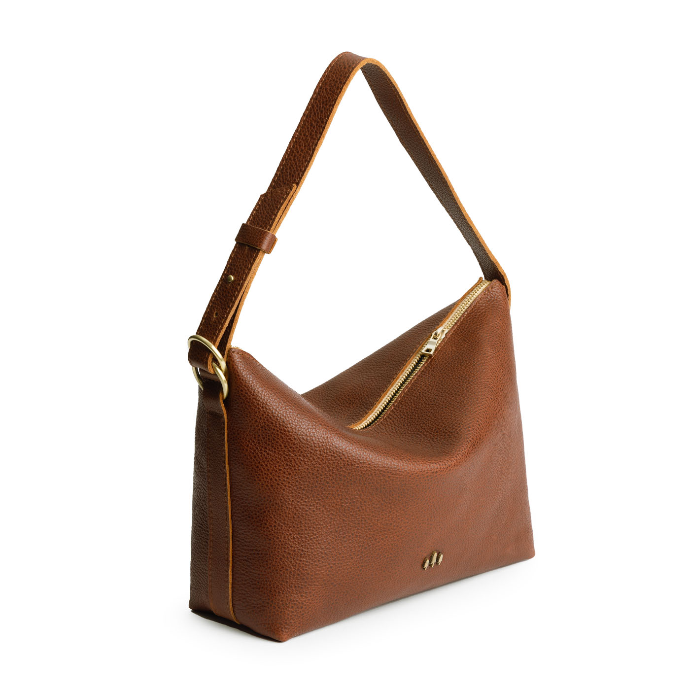 Nutmeg*Large | Medium sized slouchy leather shoulder bag with zipper opening and three metal tree emblems