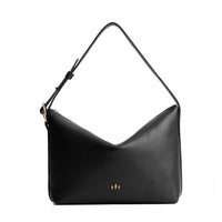 Pebbled--black*Large | Medium sized slouchy leather shoulder bag with zipper opening and three metal tree emblems