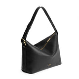 Pebbled--black Large | Medium sized slouchy leather shoulder bag with zipper opening and three metal tree emblems