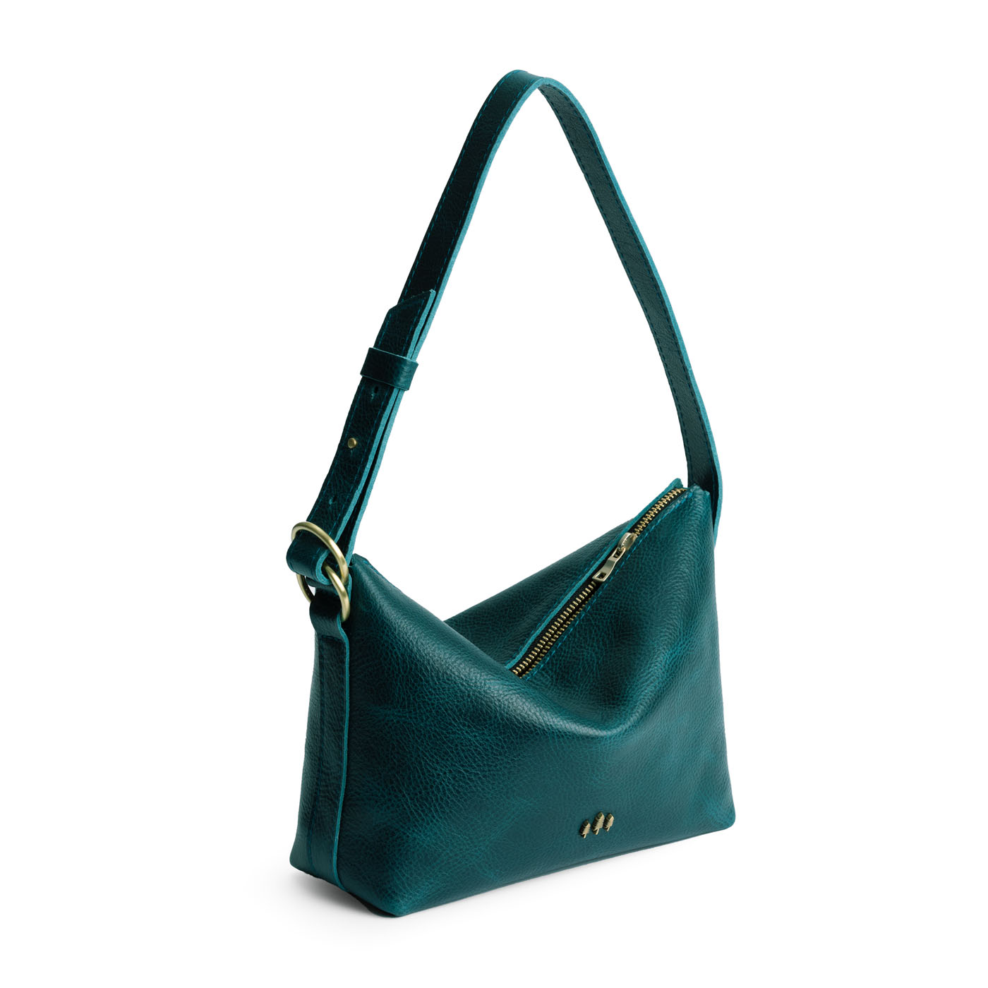 Lagoon*Small | Petite slouchy leather shoulder bag with zipper opening and three metal tree emblems