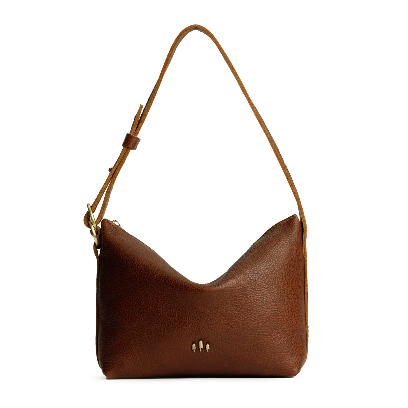 Nutmeg*Small | Petite slouchy leather shoulder bag with zipper opening and three metal tree emblems