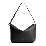 Pebbled--black Small | Petite slouchy leather shoulder bag with zipper opening and three metal tree emblems