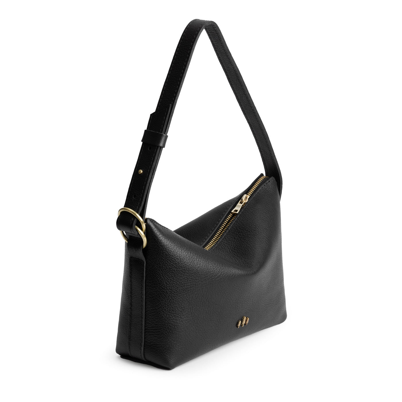 Pebbled--black*Small | Petite slouchy leather shoulder bag with zipper opening and three metal tree emblems