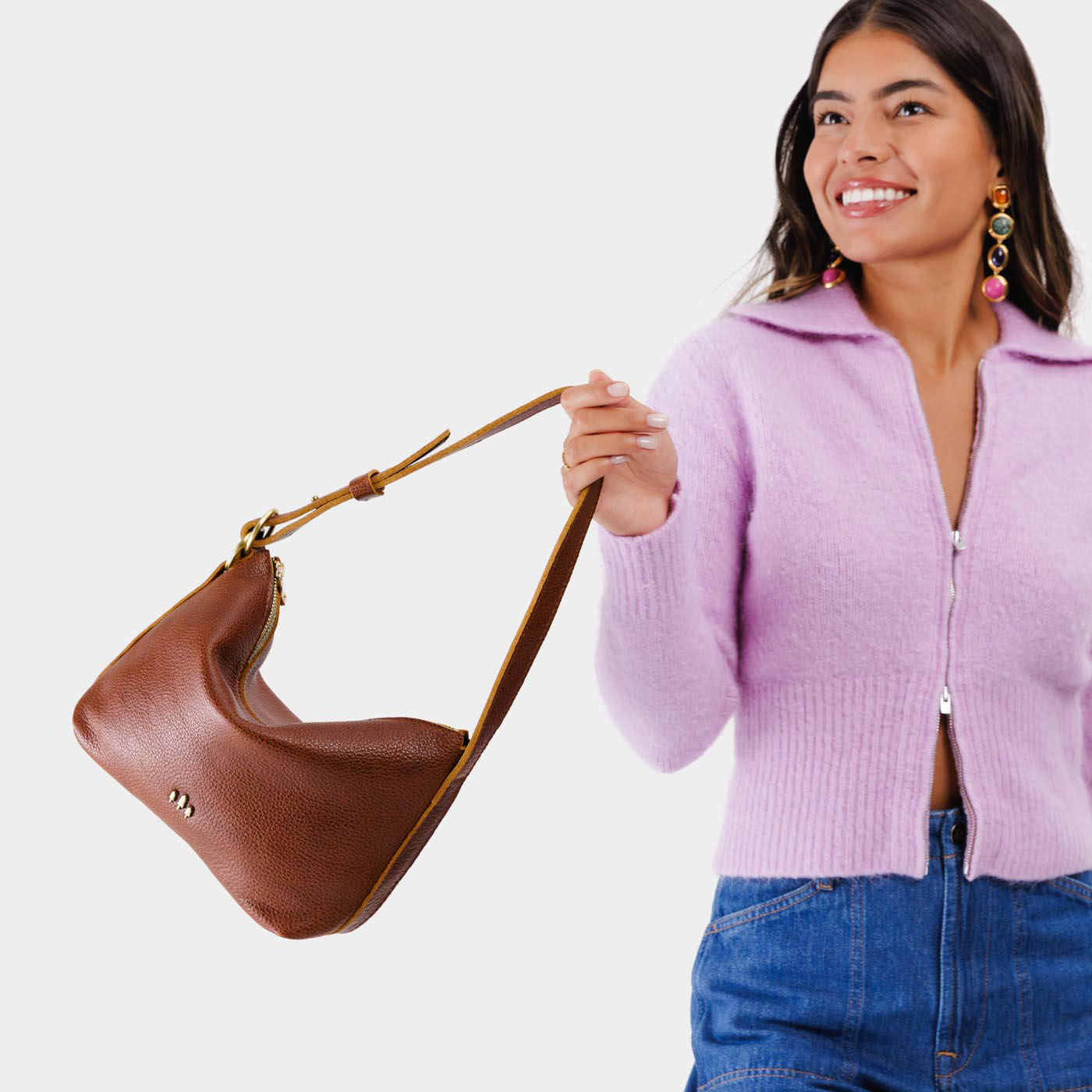 Nutmeg*Small | Petite slouchy leather shoulder bag with zipper opening and three metal tree emblems