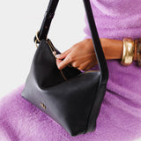 Pebbled--black Small | Petite slouchy leather shoulder bag with zipper opening and three metal tree emblems