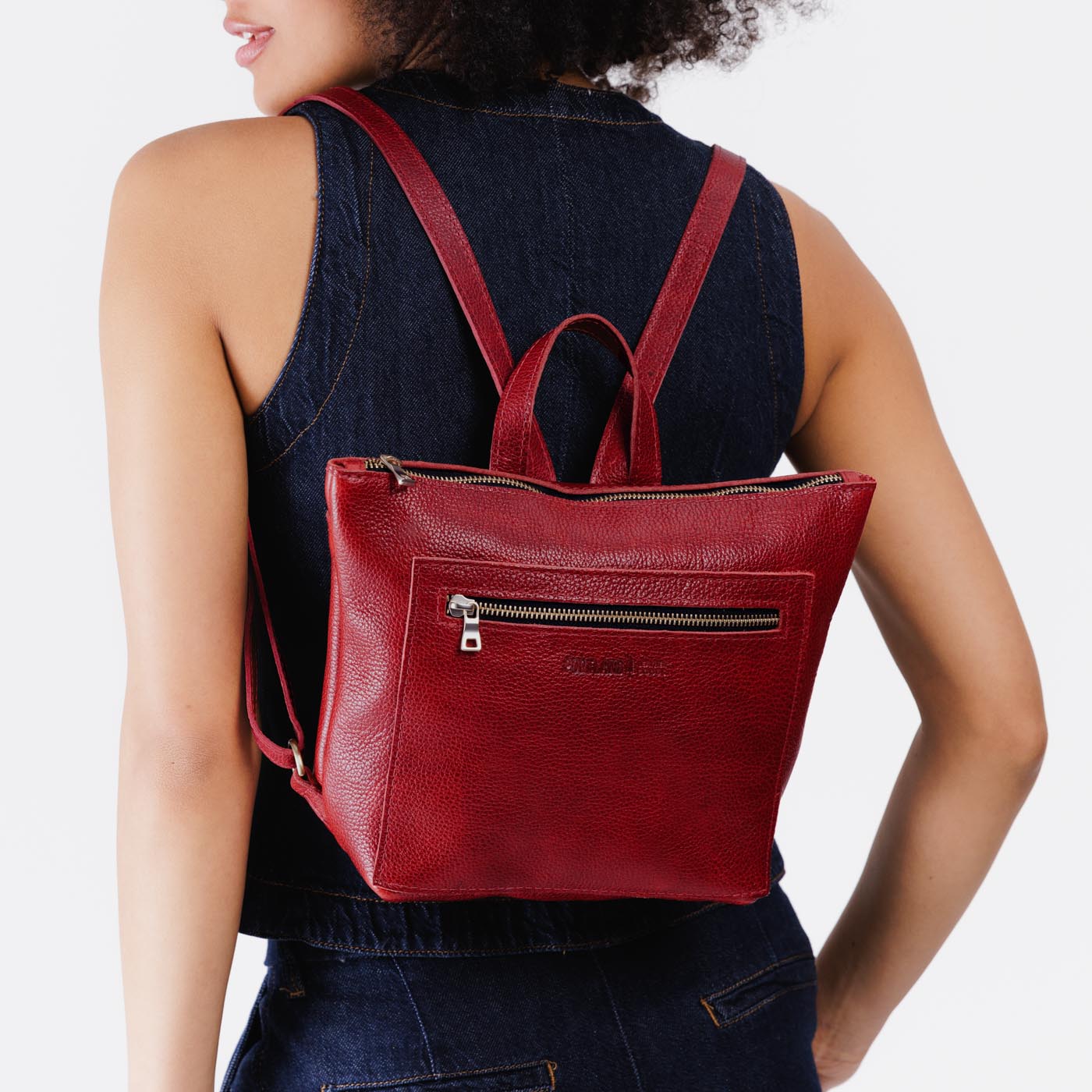 Chili Red*Small | Small square slim leather tote backpack