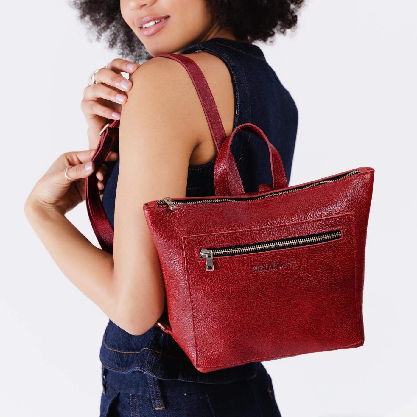 Chili Red*Small | Small square slim leather tote backpack