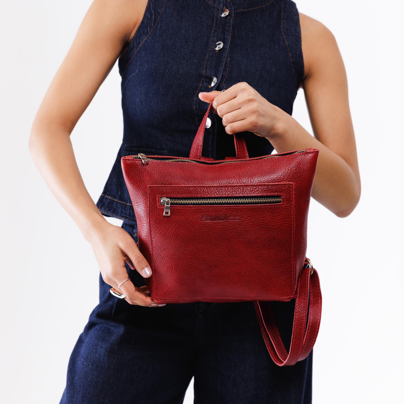 Chili Red*Small | Small square slim leather tote backpack