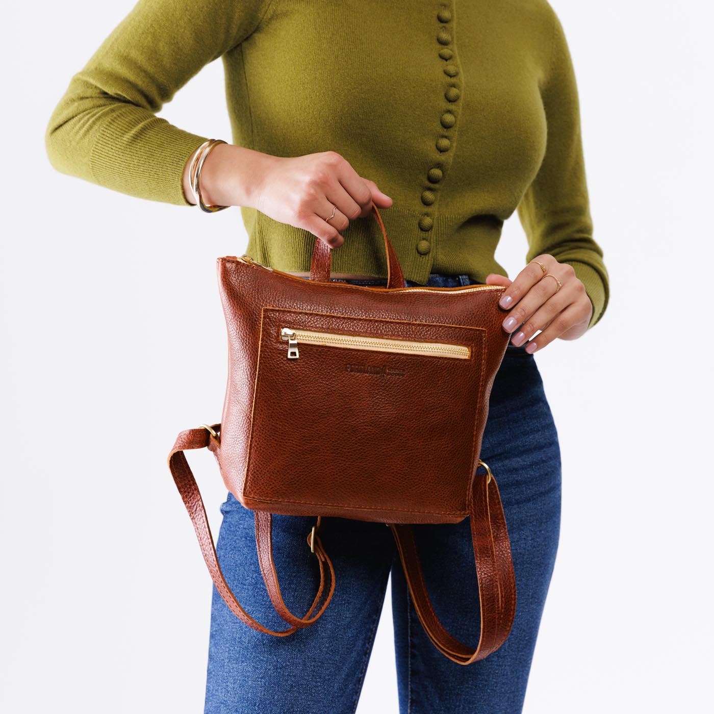 Nutmeg*Small | Small square slim leather tote backpack