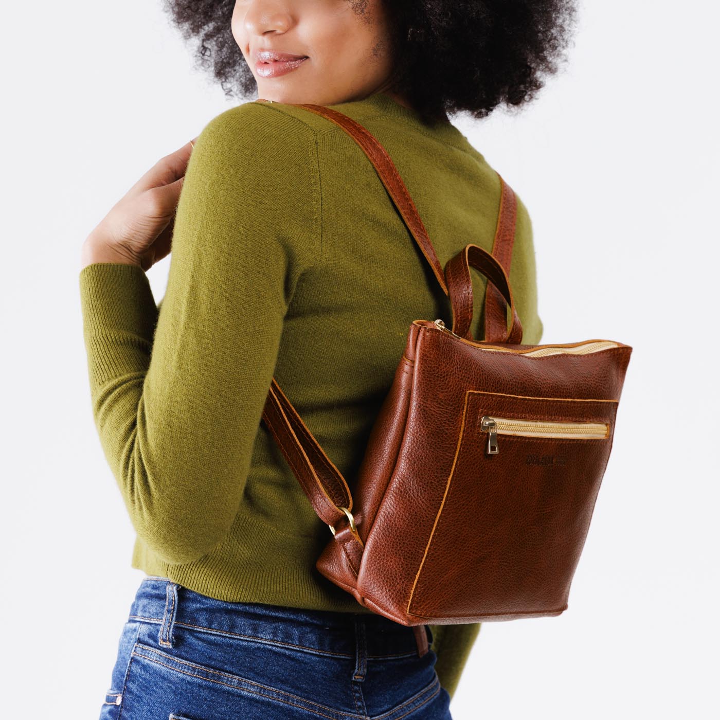 Nutmeg*Small | Small square slim leather tote backpack