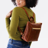 Nutmeg Small | Small square slim leather tote backpack