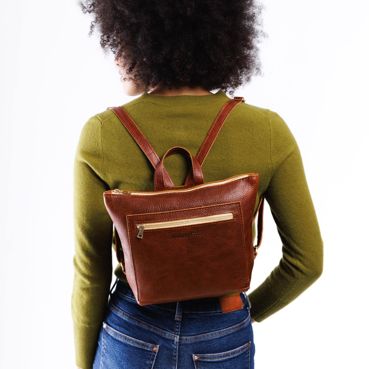 Nutmeg*Small | Small square slim leather tote backpack