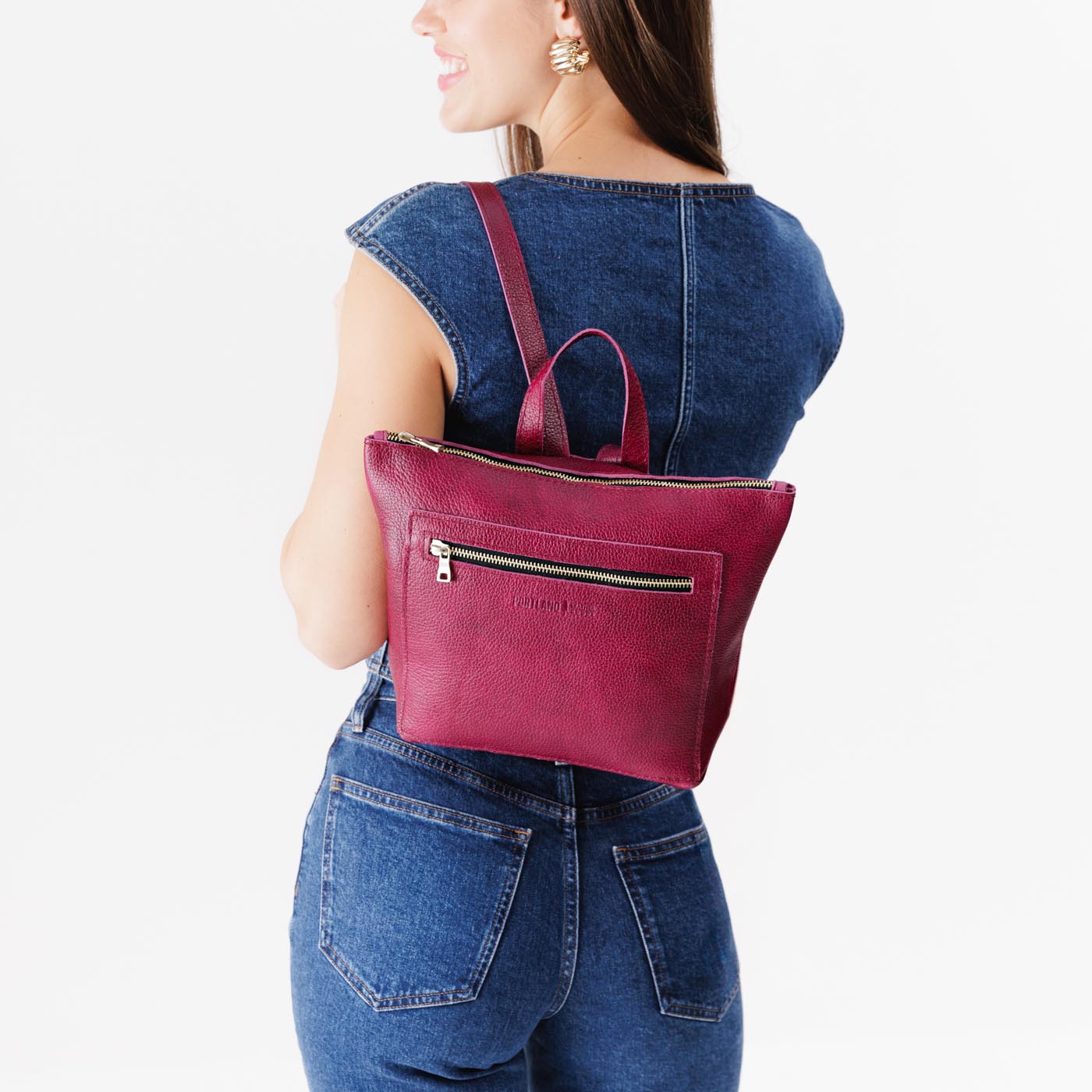 Orchid*Small | Small square slim leather tote backpack