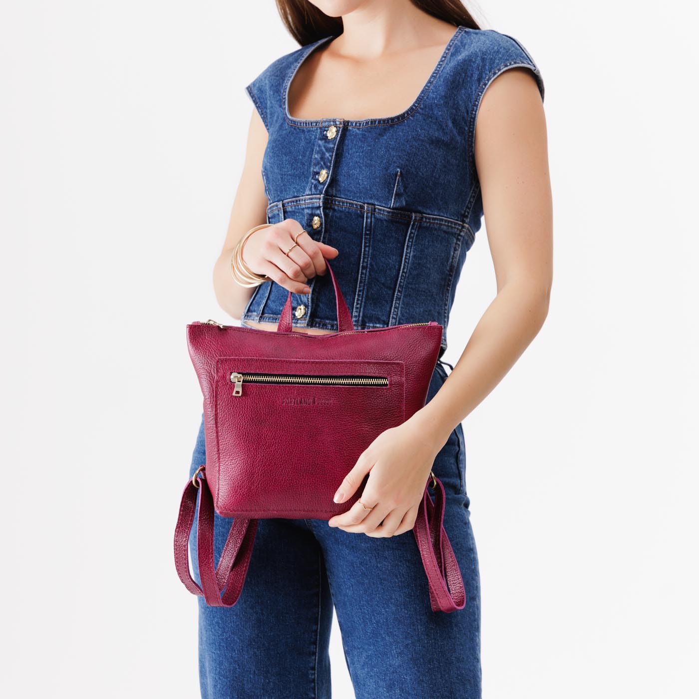 Orchid*Small | Small square slim leather tote backpack