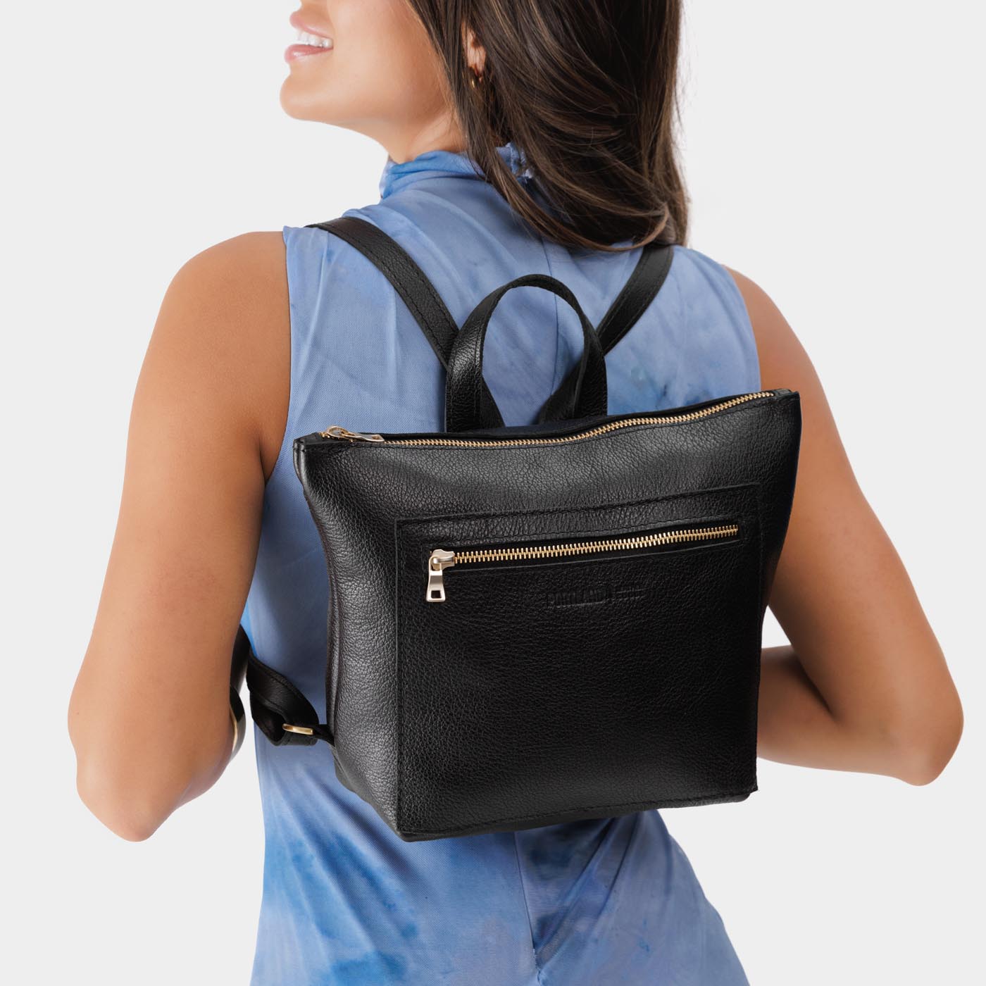 Pebbled--black*Small | Small square slim leather tote backpack