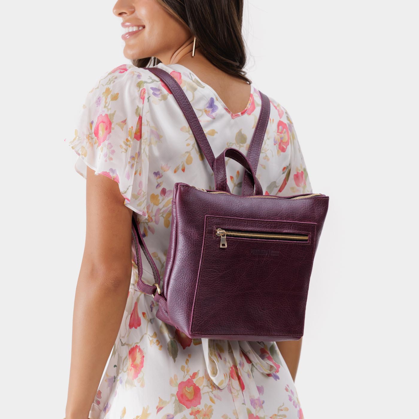 Plum*Small | Small square slim leather tote backpack