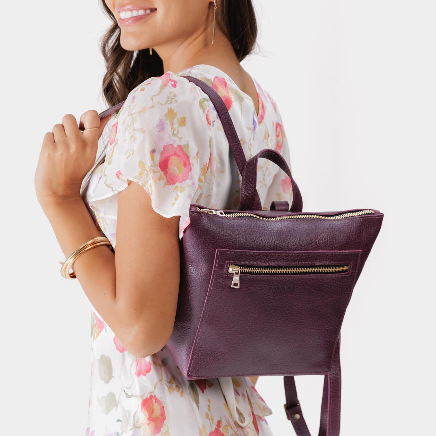 Plum*Small | Small square slim leather tote backpack