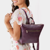 Plum Small | Small square slim leather tote backpack