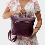 Plum Small | Small square slim leather tote backpack