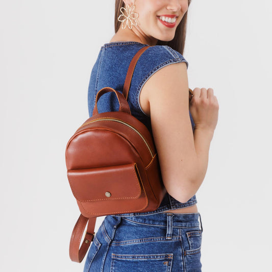 Chestnut | Small zip backpack with snap front pocket