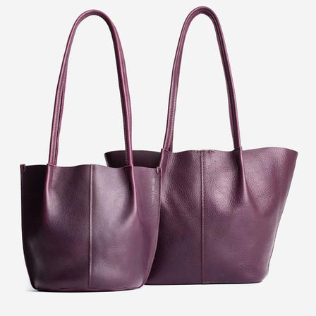 Plum*Large | Wide bucket shaped tote bag with matching leather handles