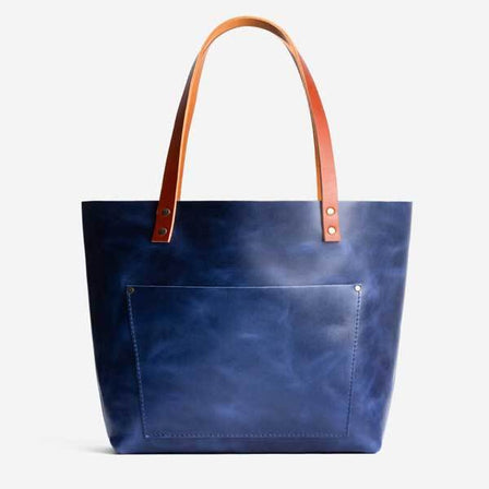 Cowboy Blue*Classic | Large leather tote bag with sturdy bridle handles and front pocket