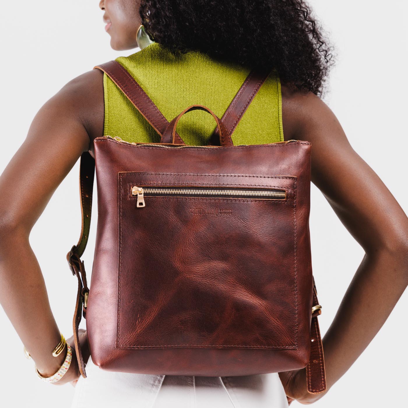 Timber | Model wearing square slim leather tote backpack