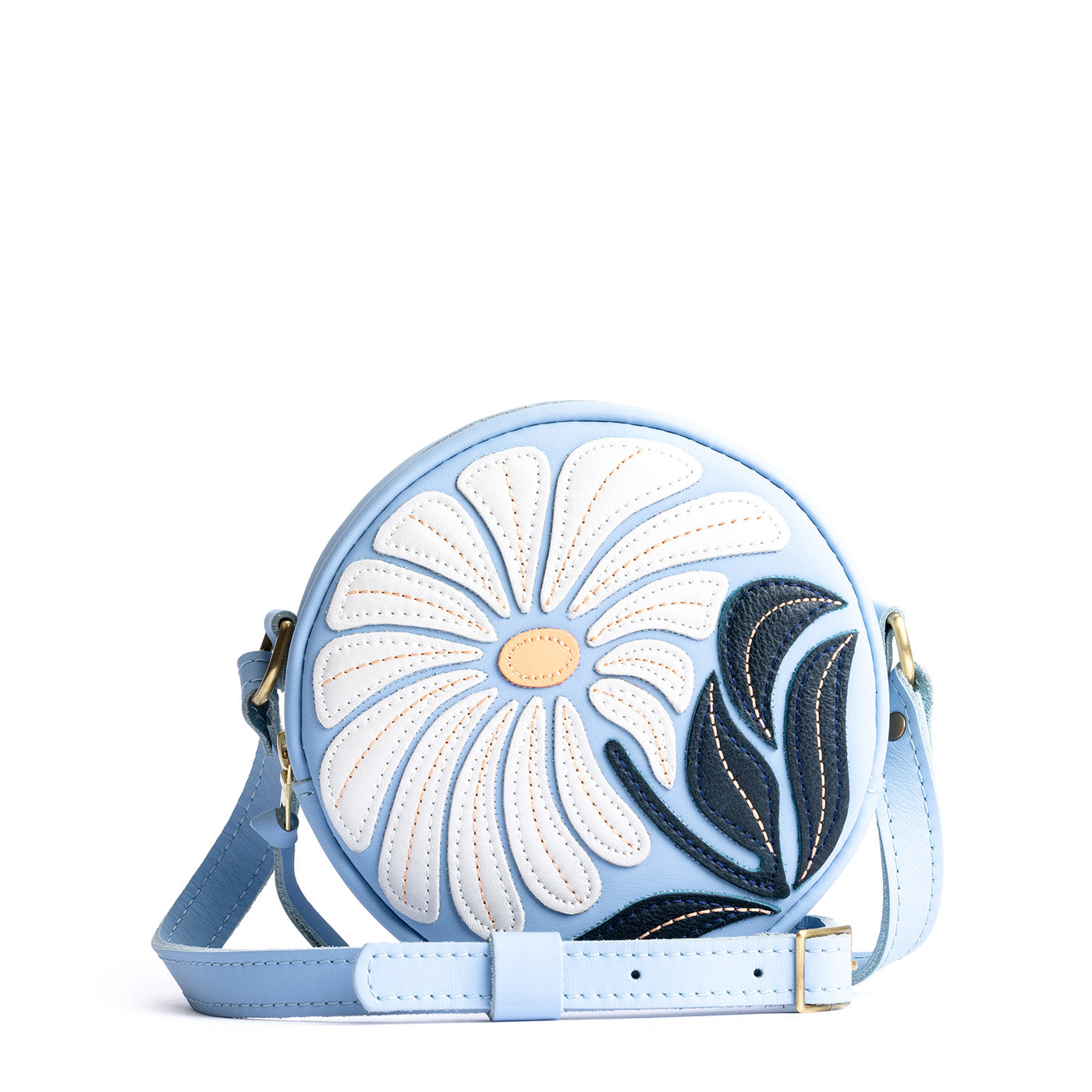 Wildflower Glacial Blue*Small | Circle shaped crossbody bag with embroidered flower design