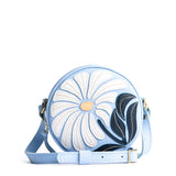 Wildflower Glacial Blue Small | Circle shaped crossbody bag with embroidered flower design