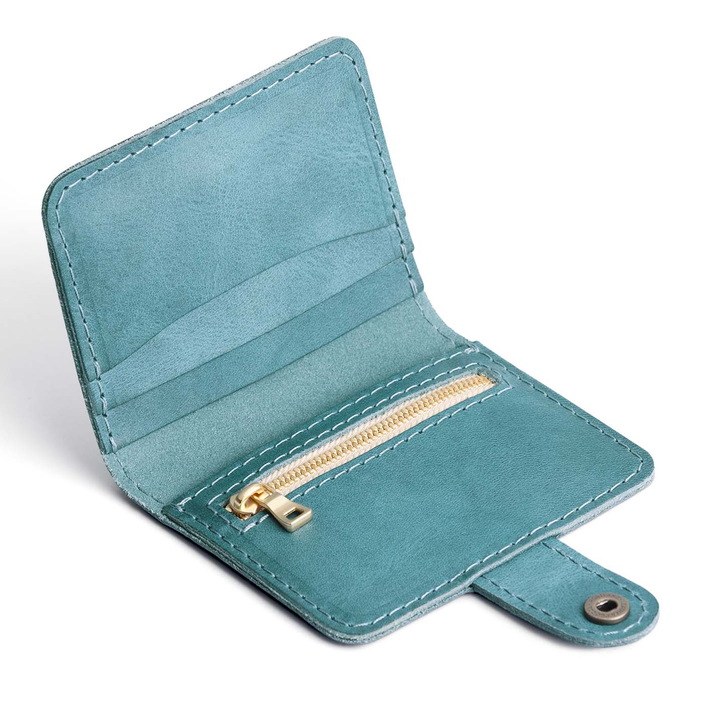 Aqua | Small leather bifold wallet with snap open