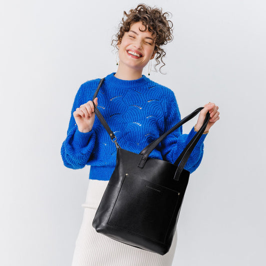 Pebbled--black | Medium Tote with dual shoulder straps and crossbody strap