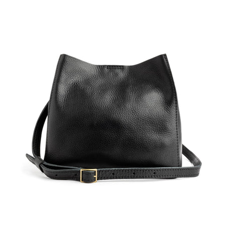  Pebbled--black | symmetrical bucket bag with latch closure and removable crossbody strap