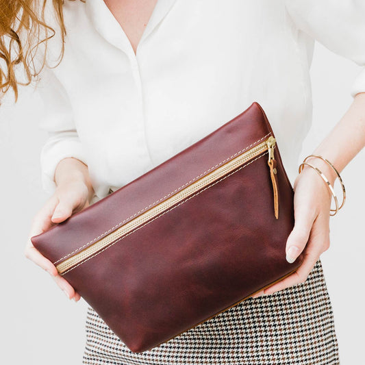 All Color: Cognac | Large leather makeup bag with zipper