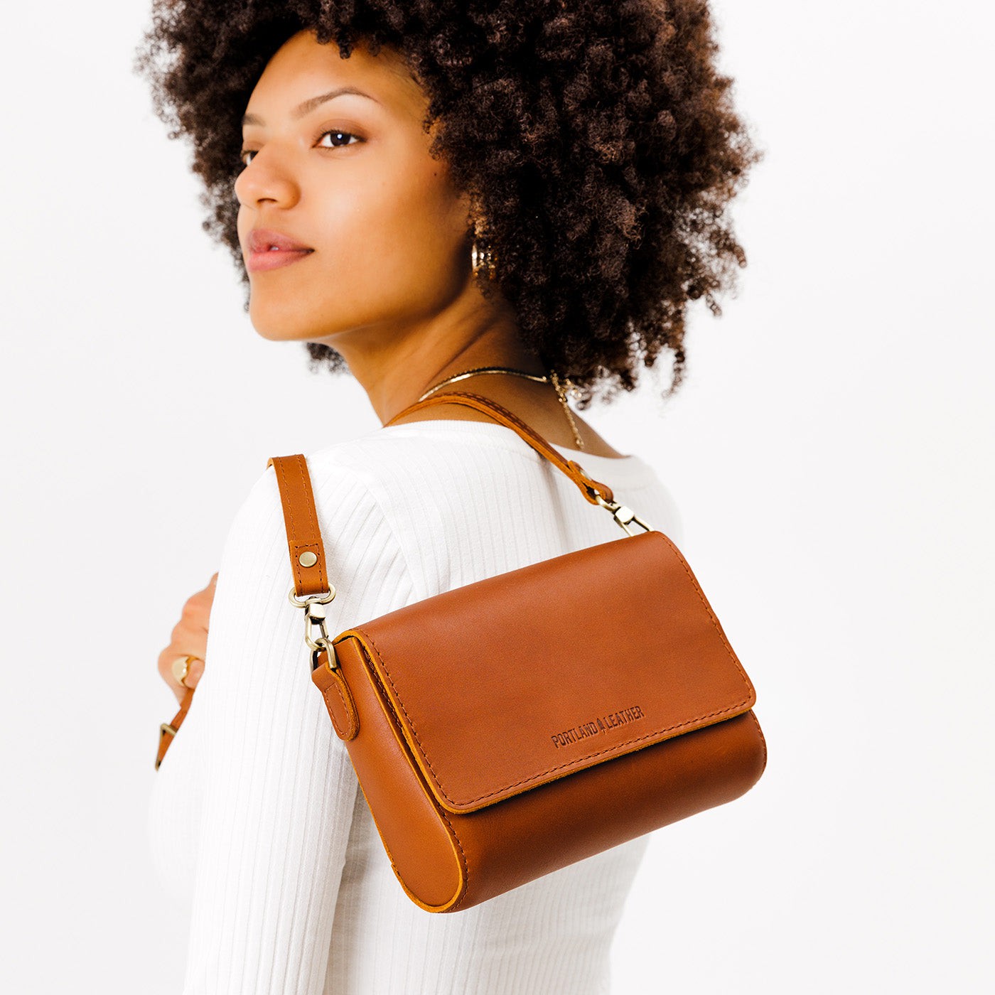 Honey*Mini | Model Wearing Small Leather Crossbody Bag with Magnetic Messenger Bag Closure