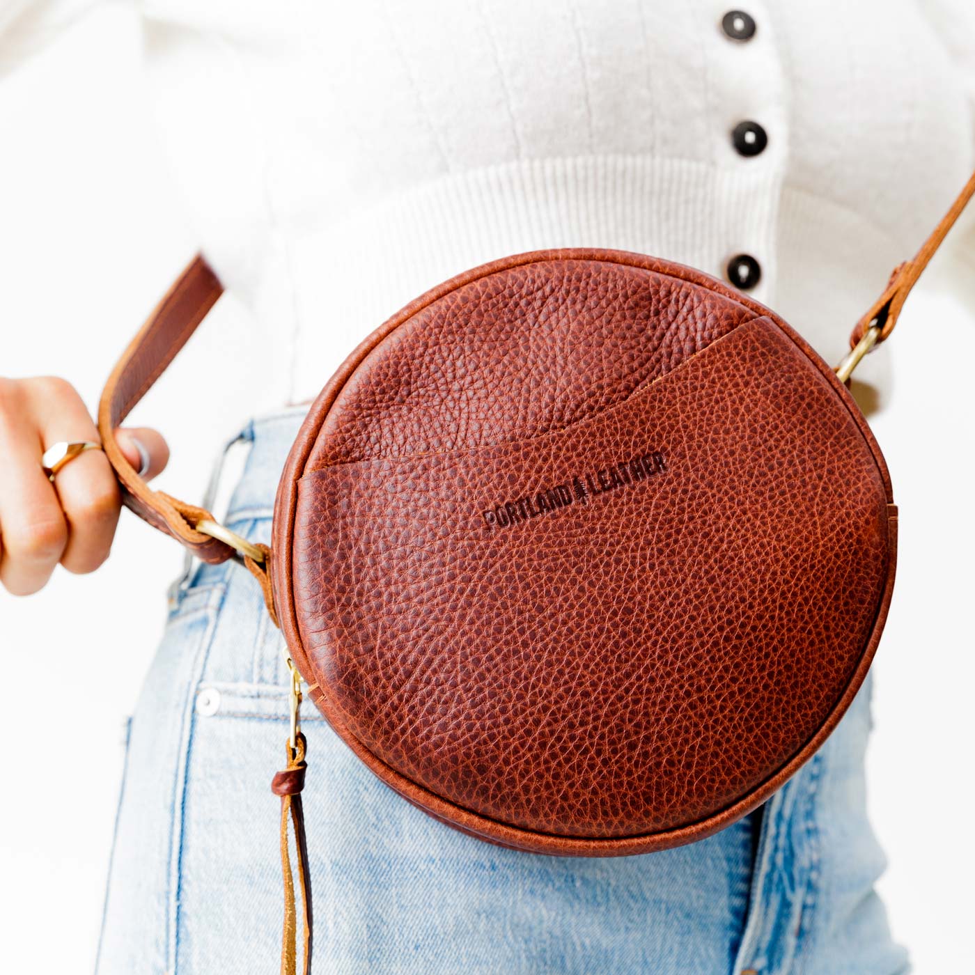 Small Round Leather Circle Crossbody Bags Beige